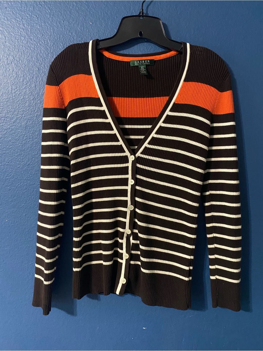 Lauren Ralph Lauren Woman’s Brown and Orange Striped V-Neck Cardigan